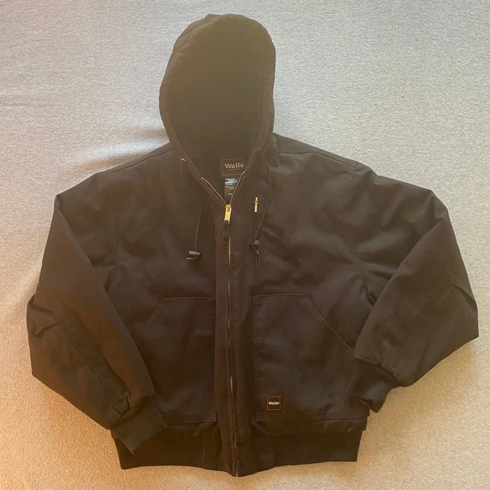 Walls Workwear Mens Hooded Bomber Jacket Black Cotton Duck Canvas Medium